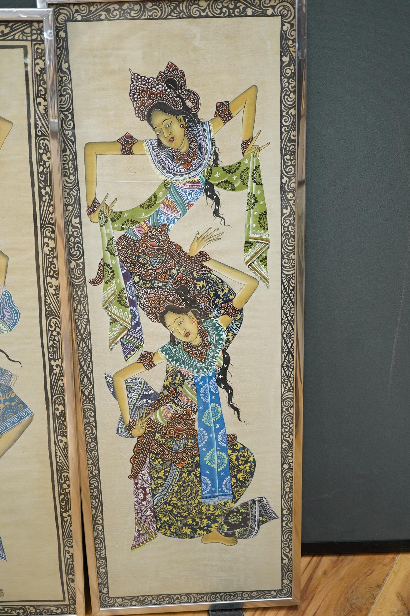 Two highly decorative coloured Thai cut-out pictures and three Thai paintings on fabric of Thai Dancers, largest 82 x 28cm